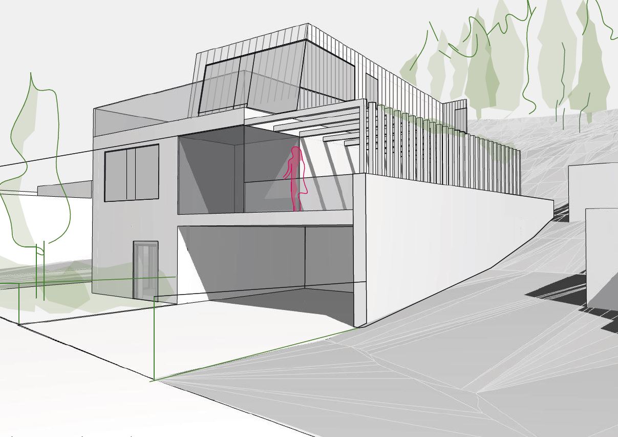 Studie Wohnhaus für drei Parteien, Aldrans bei Innsbruck, Perspektive von der Straße Nordwest